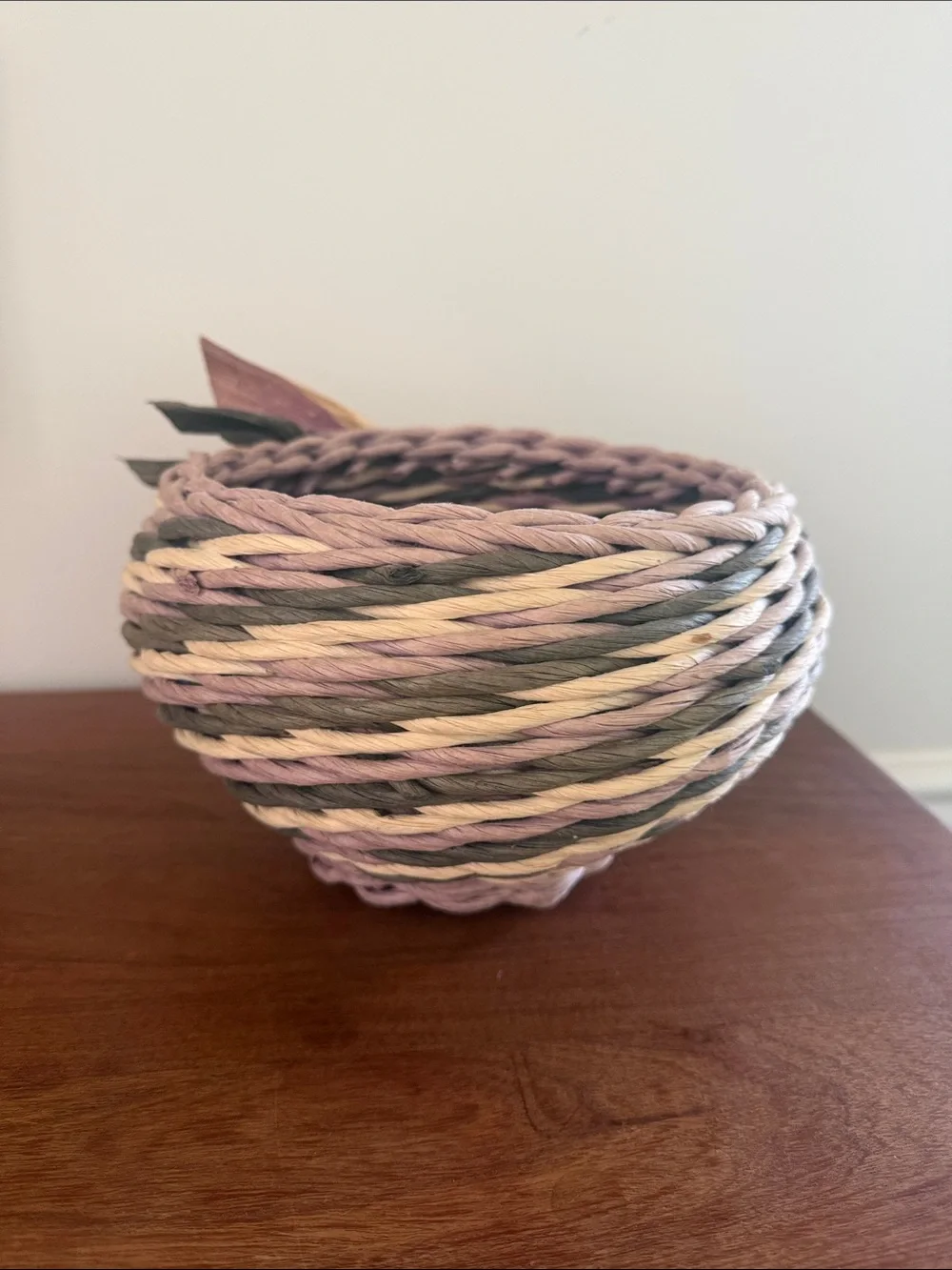 Handwoven Decorative Twisted Rope Basket — Pink, Green, Cream